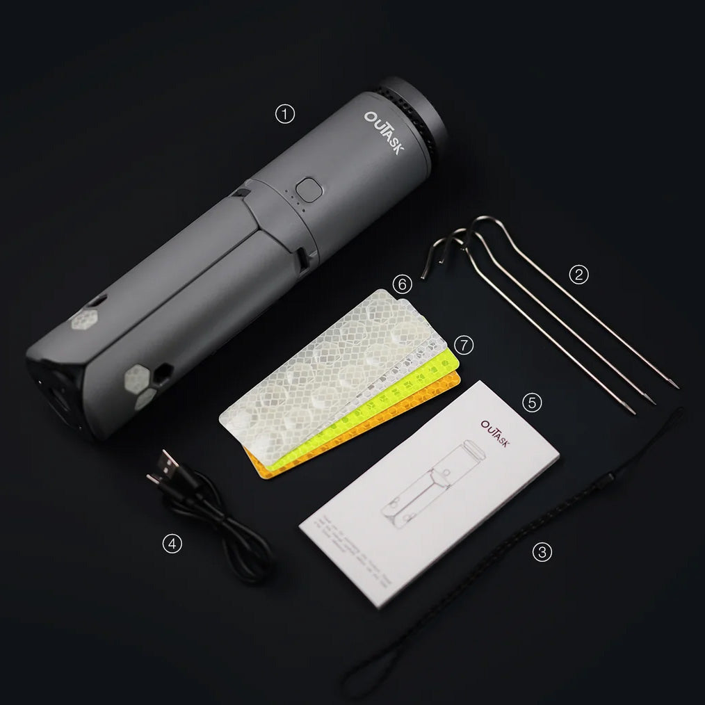 Lieferumfang mit Lampe, 3 Titanium Erdheringen, Bedienungsanleitung, USB-C Ladekabel, Dyneema Handgelenkband, Leuchtende Sticker, Reflektierende Sticker
